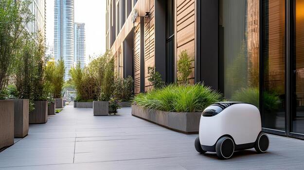 A robot is sitting on the sidewalk in front of a building photo