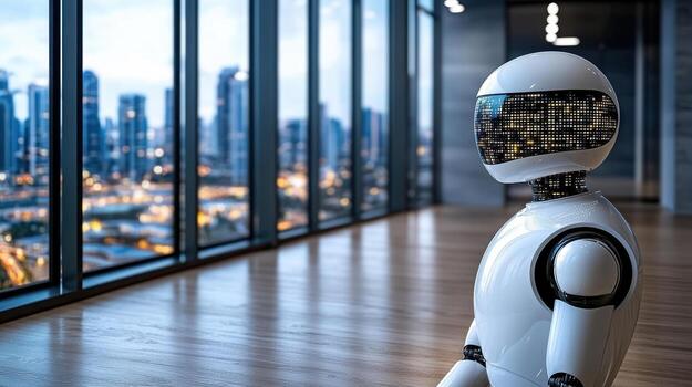 A robot sitting in front of a large window with city lights in the background photo