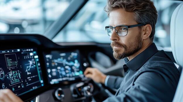 A man in glasses is driving a car with a computer screen photo