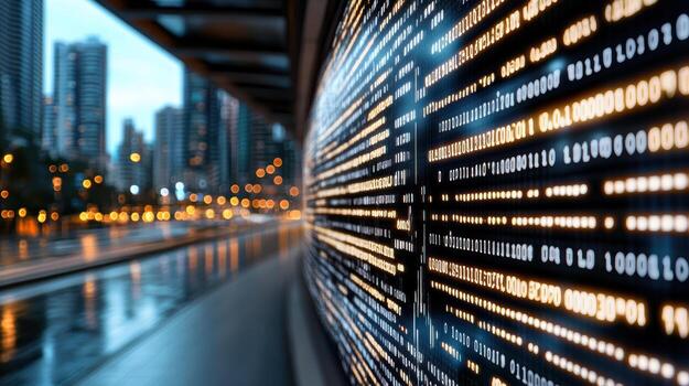 A city street with many lights and binary code photo