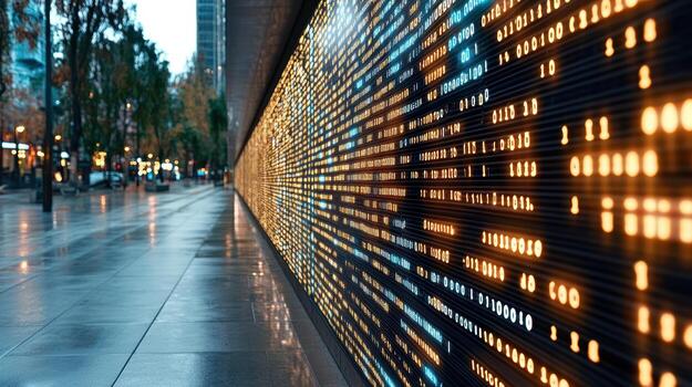 A wall with many lights on it in the rain photo