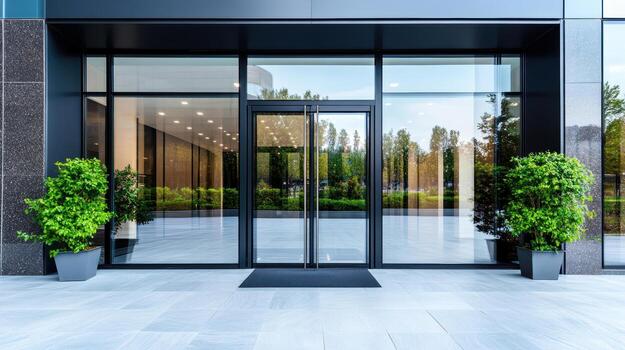 A large glass door with plants in front of it photo