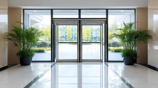 un abierto puerta a un grande vestíbulo con dos en conserva plantas foto