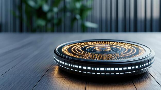 A circular object with a glowing light on it photo