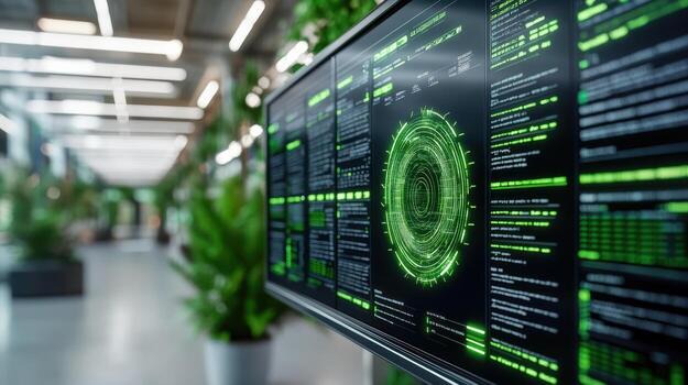 A large monitor with green and black code on it photo