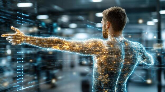 Man in futuristic body with digital interface photo