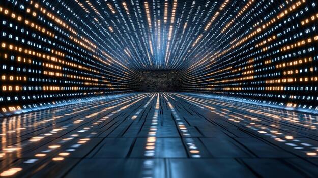 A tunnel with glowing lights and a long hallway photo