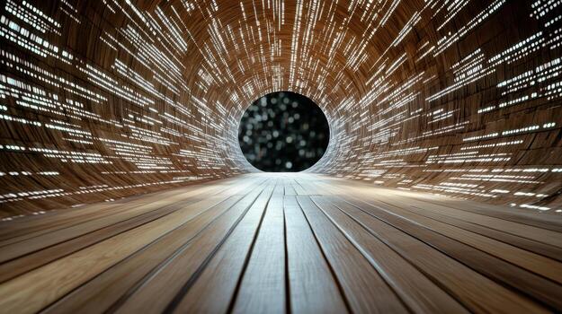 A tunnel with lights and a wooden floor photo