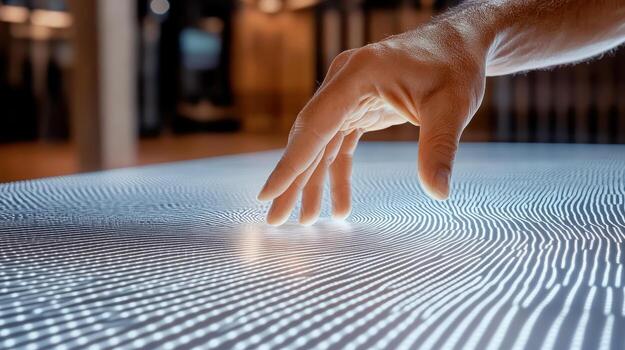 A person touching a fingerprint reader on a table photo