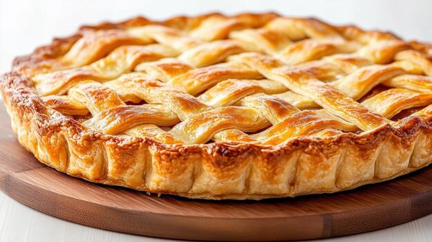 A pie on a wooden board with a lattice pattern photo