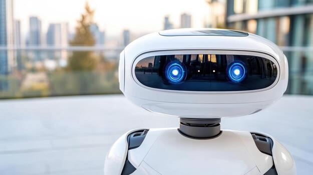 A robot with blue eyes looking at the camera photo