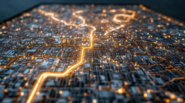 A city map with a glowing line running through it photo