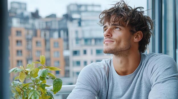 A man looking out a window with a potted plant photo