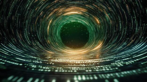 A green tunnel with a glowing light coming out of it photo