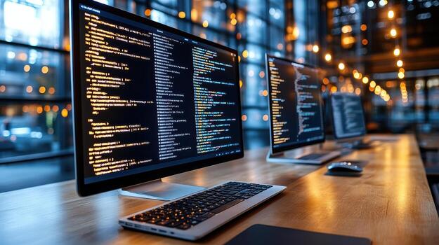 Two computer monitors with code on them photo