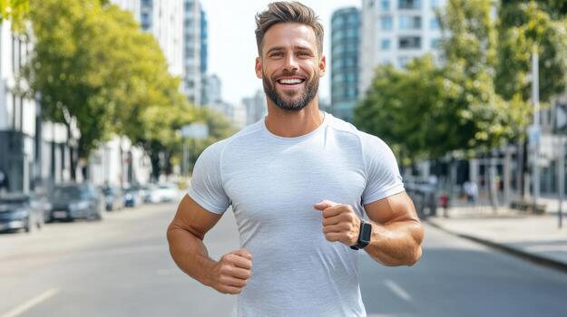 A man is running on the street photo