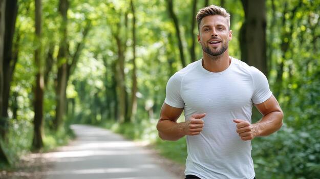 A man running in the woods photo