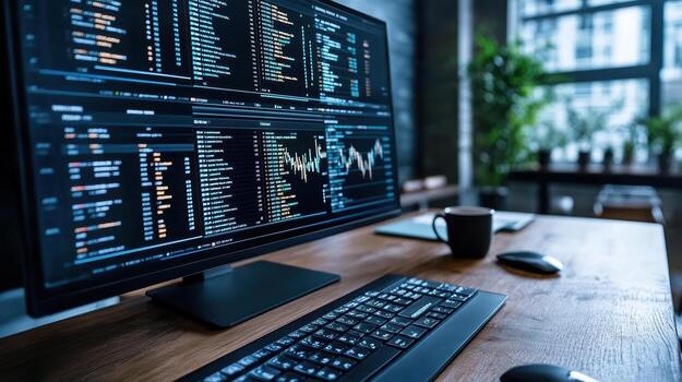 A computer monitor with a keyboard and mouse on it photo