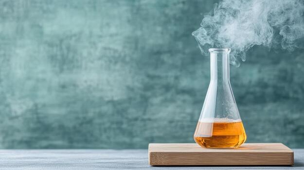 A flask with liquid in it on a wooden block photo