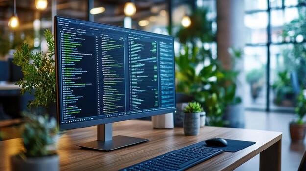 un computadora monitor con código en eso sentado en un escritorio foto