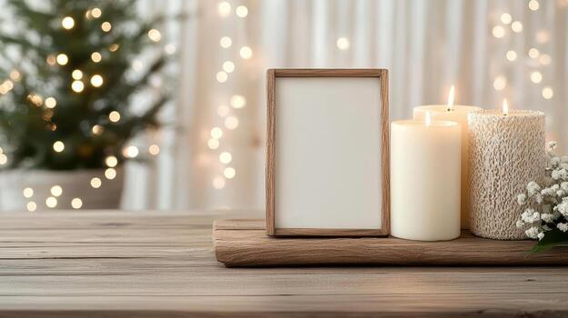 White candles and a blank frame on a wooden table with christmas lights photo