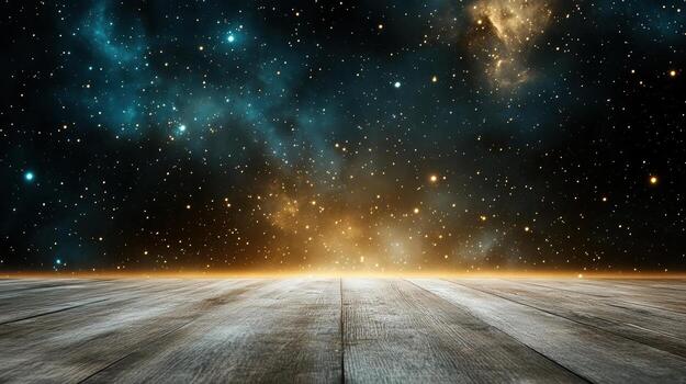 An empty wooden floor with stars and a galaxy background photo