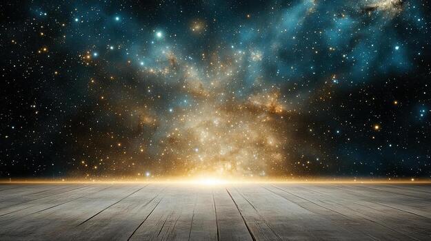 An empty wooden floor with a bright starry sky photo