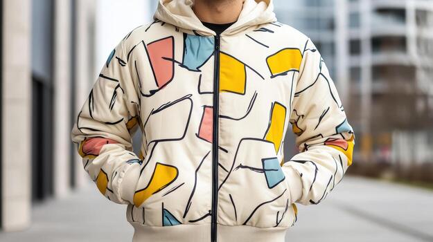 A man wearing a jacket with geometric patterns photo