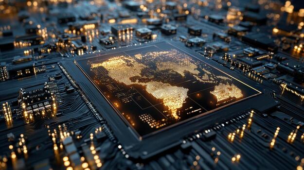 A computer chip with a map of the world on it photo