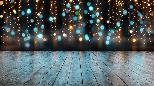 Wood floor with christmas lights and bokeh effect photo