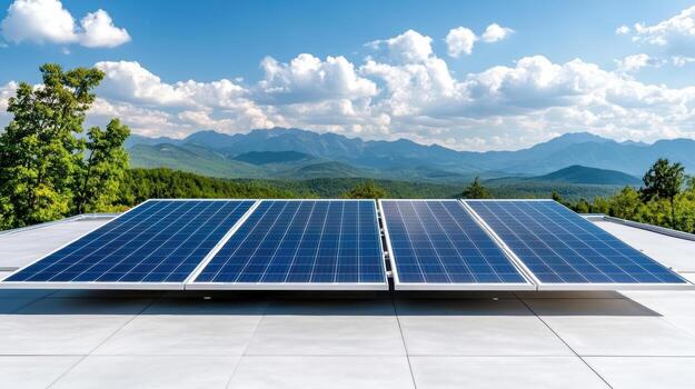 Solar panels on a roof with mountains in the background photo