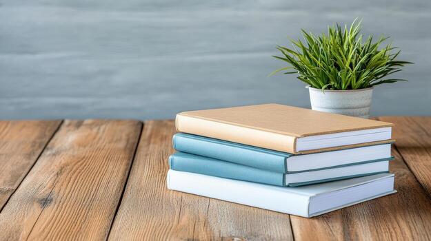 Stack of books on wooden table with plant in pot photo