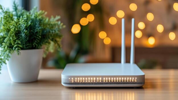 A wifi router sits on a table next to a plant photo