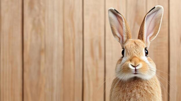 A rabbit is standing in front of a wooden wall photo