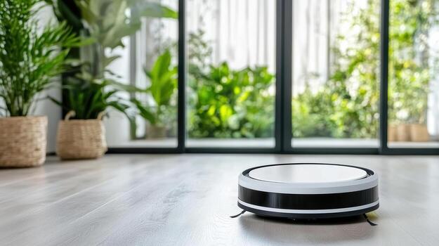 A robotic vacuum cleaner sitting on the floor in front of a window photo