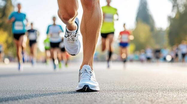 un corredor es corriendo en un la carretera con otro corredores foto