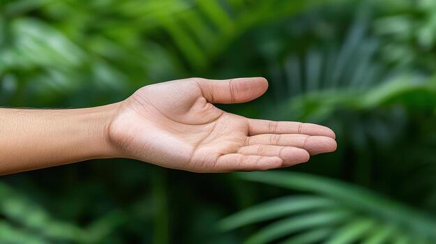 A hand is reaching out to a palm tree photo