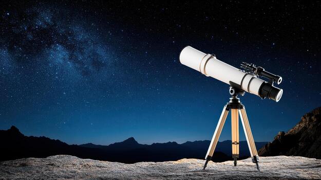 A telescope on a tripod with a starry sky in the background photo