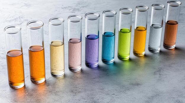 A row of test tubes with different colored liquids photo