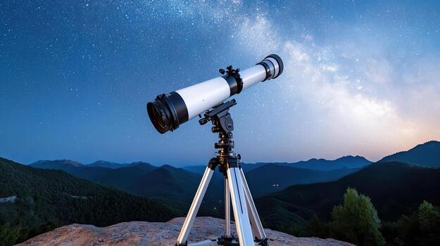 Telescope on a tripod in the mountains photo
