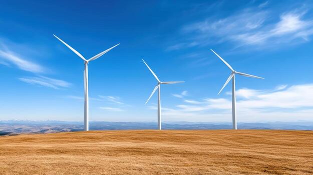 Three wind turbines on a hill in the middle of a field photo
