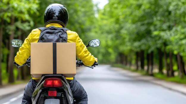 un persona en un casco montando un motocicleta con un caja en el espalda foto