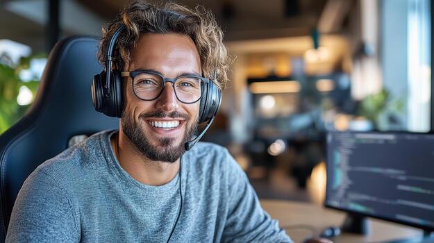 A man wearing headphones and smiling while working on a computer photo