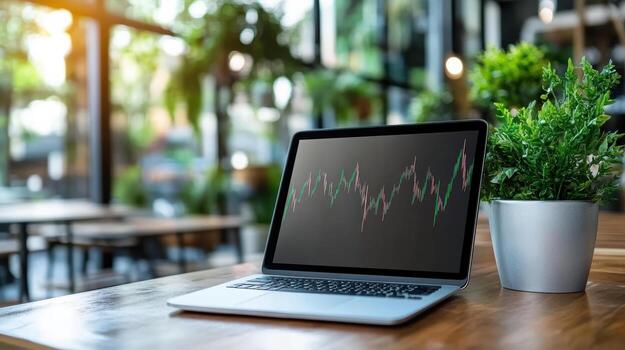 Laptop with stock chart on table photo