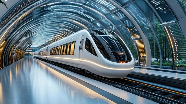 A modern train is traveling through a tunnel photo