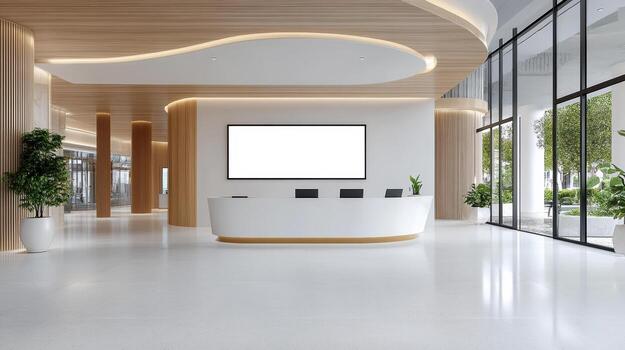 Modern reception area with sleek design and large windows photo