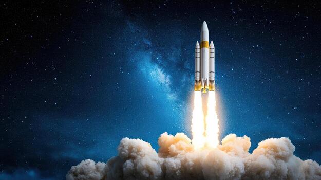 cohete lanzamiento en contra estrellado cielo, exhibiendo poder y exploración foto