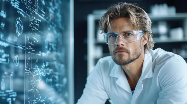 Researcher analyzing formulas glass board, deep thought and focused scientific discovery photo