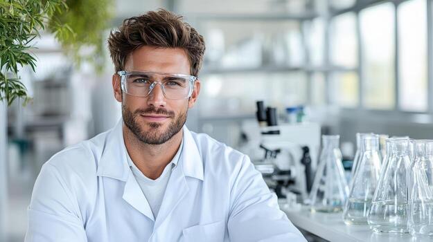 Laboratory scientist wearing glasses, smiling confidently in modern lab environment photo