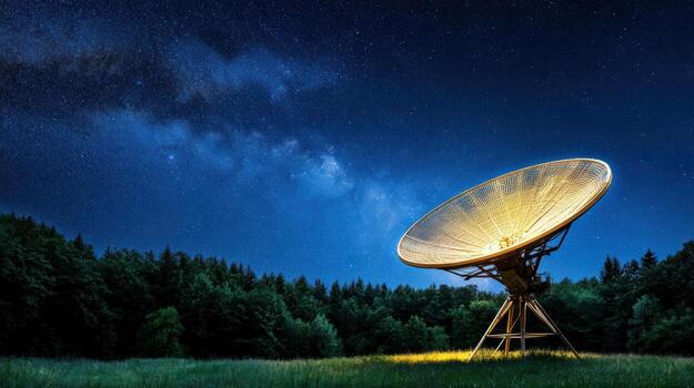 Satellite dish illuminated starry night sky, surrounded by trees, creates serene atmosphere photo
